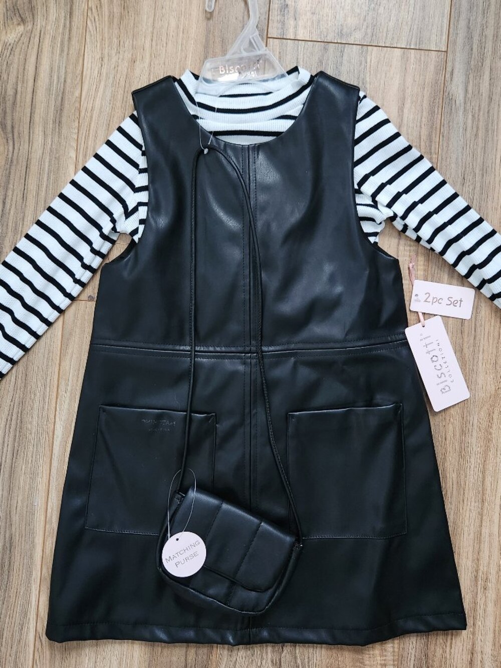 NTW Biscotti Black Faux Leather Dress with Striped Accents